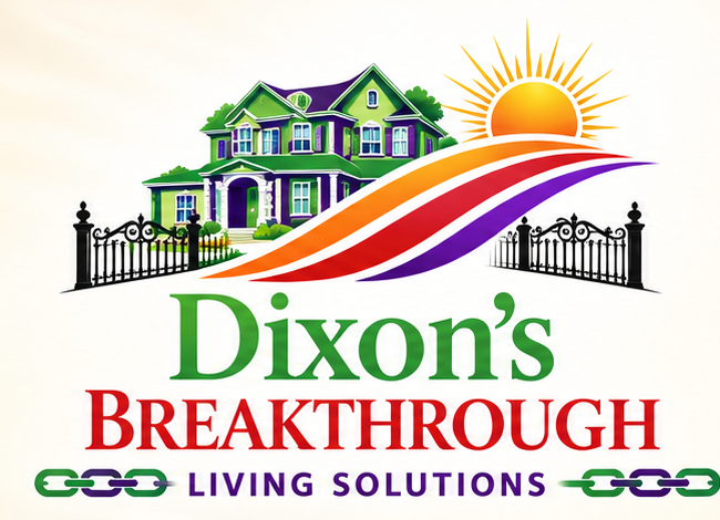 Dixon’s Breakthrough Living Solutions logo with a house, sunrise and green, purple and gold accents